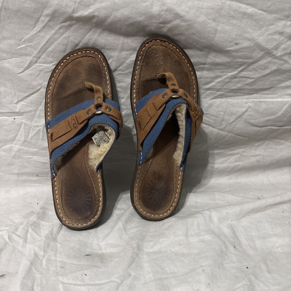 UGG 1629 Sherpa Lined Blue & Brown Thong Flip Flop Sandals Women's Shoe‎ Size 8